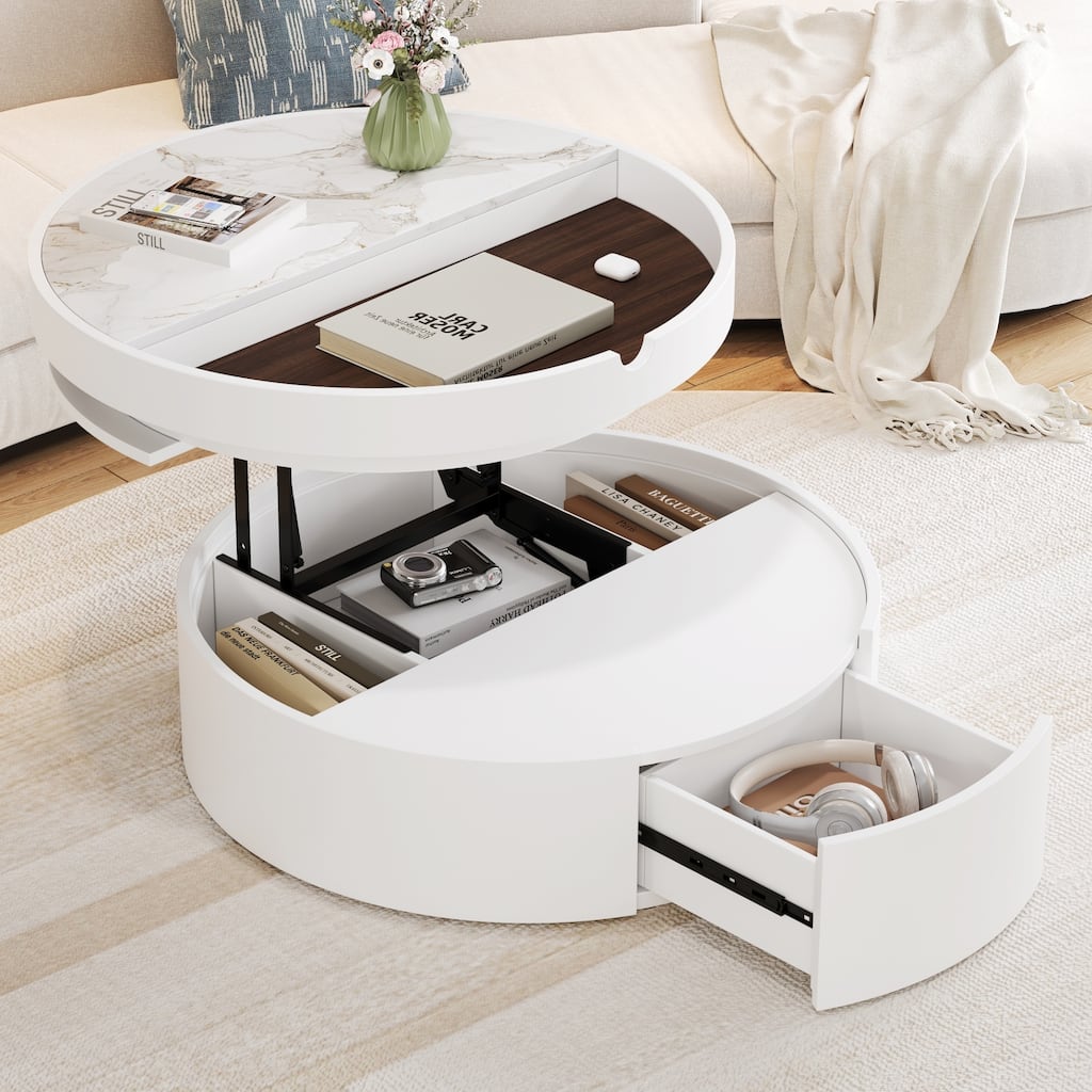 Roomfitters 29.5" Modern Round Lift-Top Coffee Table with Storage, Marble and Wood Grain Tabletop, White
