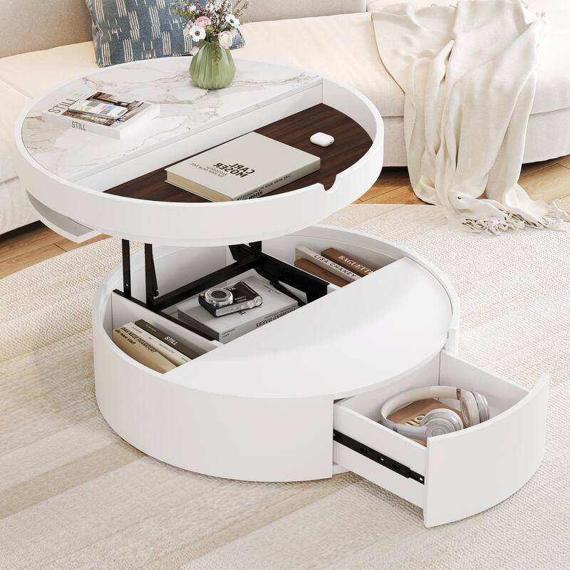 White Round Lift Coffee Table with 1 Drawer in 29.5", Marble and Wood Grain Tabletop - White+Walnut
