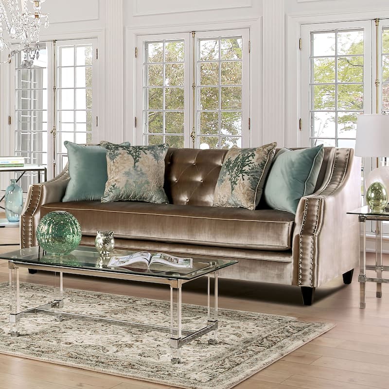 Chenille And Wooden Sofa with Bench Style Cushion Design in Champagne