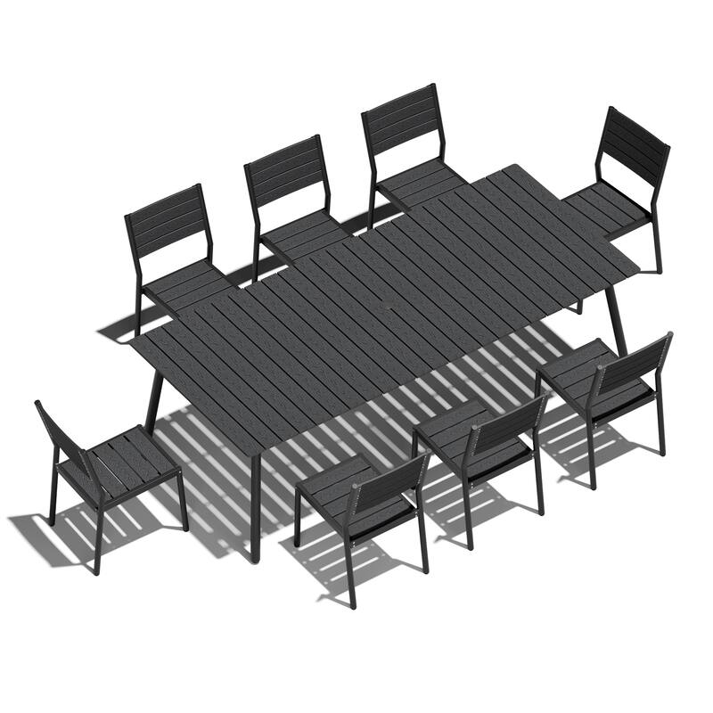 9-Piece Aluminum Outdoor Dining Set with Umbrella Hole and Stacking Armless Chairs - Black