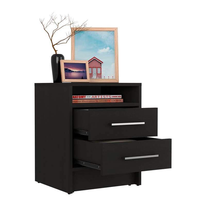 Modern Black Two-Drawer Nightstand with Open Shelf, Versatile Storage Cabinet for Bedroom and Living Room