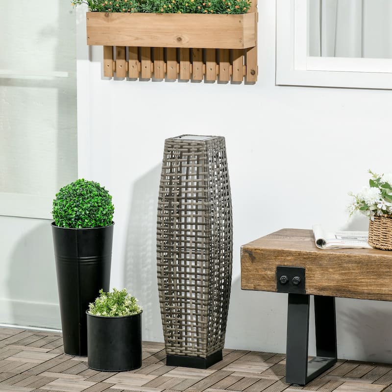 Outsunny Outdoor Floor Lamp, Brushed PE Wicker Patio Garden Lantern wtih Auto On/Off Solar Powered LED Lights - grey