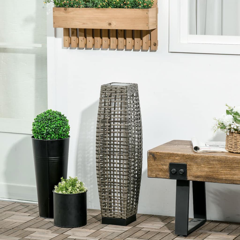 Outsunny Outdoor Floor Lamp, Brushed PE Wicker Patio Garden Lantern wtih Auto On/Off Solar Powered LED Lights