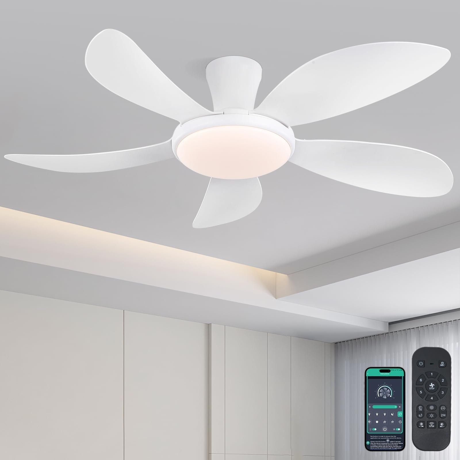 48 Inch Flush Mount DC Ceiling Fan with Lights, 5 Reversible Blades,3 CCT LED with Remote and APP Control,Energy Saving
