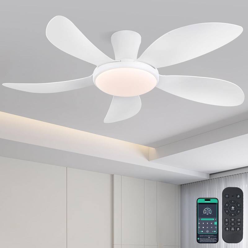 48 Inch Flush Mount DC Ceiling Fan with Lights, 5 Reversible Blades,3 CCT LED with Remote and APP Control - 48 Inches - White
