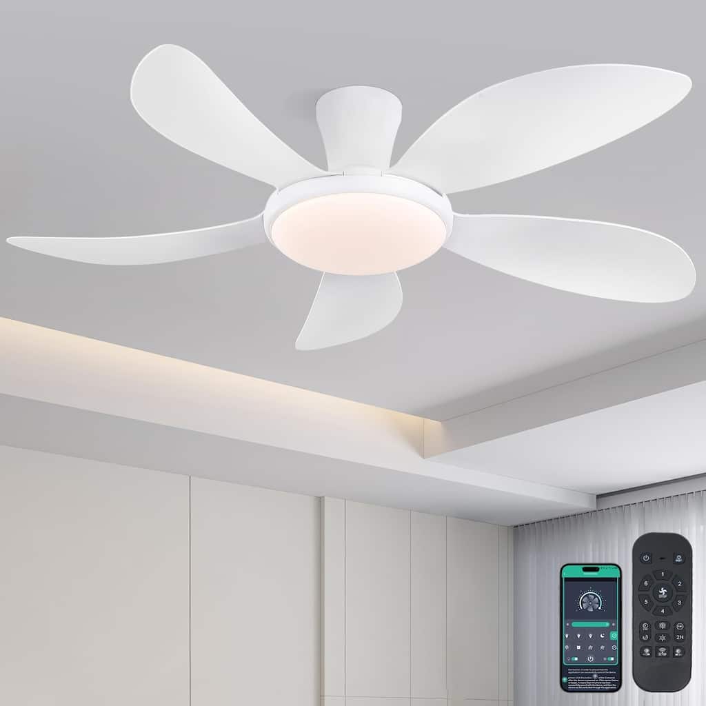 48 Inch Flush Mount DC Ceiling Fan with Lights, 5 Reversible Blades,3 CCT LED with Remote and APP Control - 48 Inches