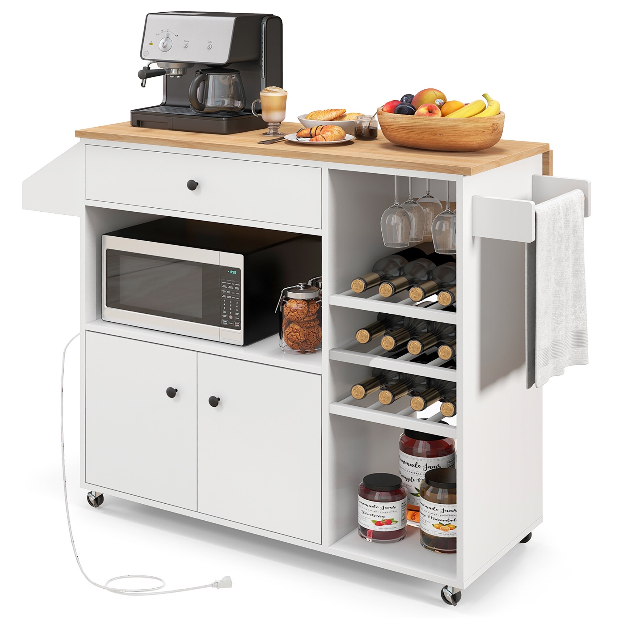 Gymax Kitchen Island Cart w/ Drop-Leaf & Power Outlet Microwave