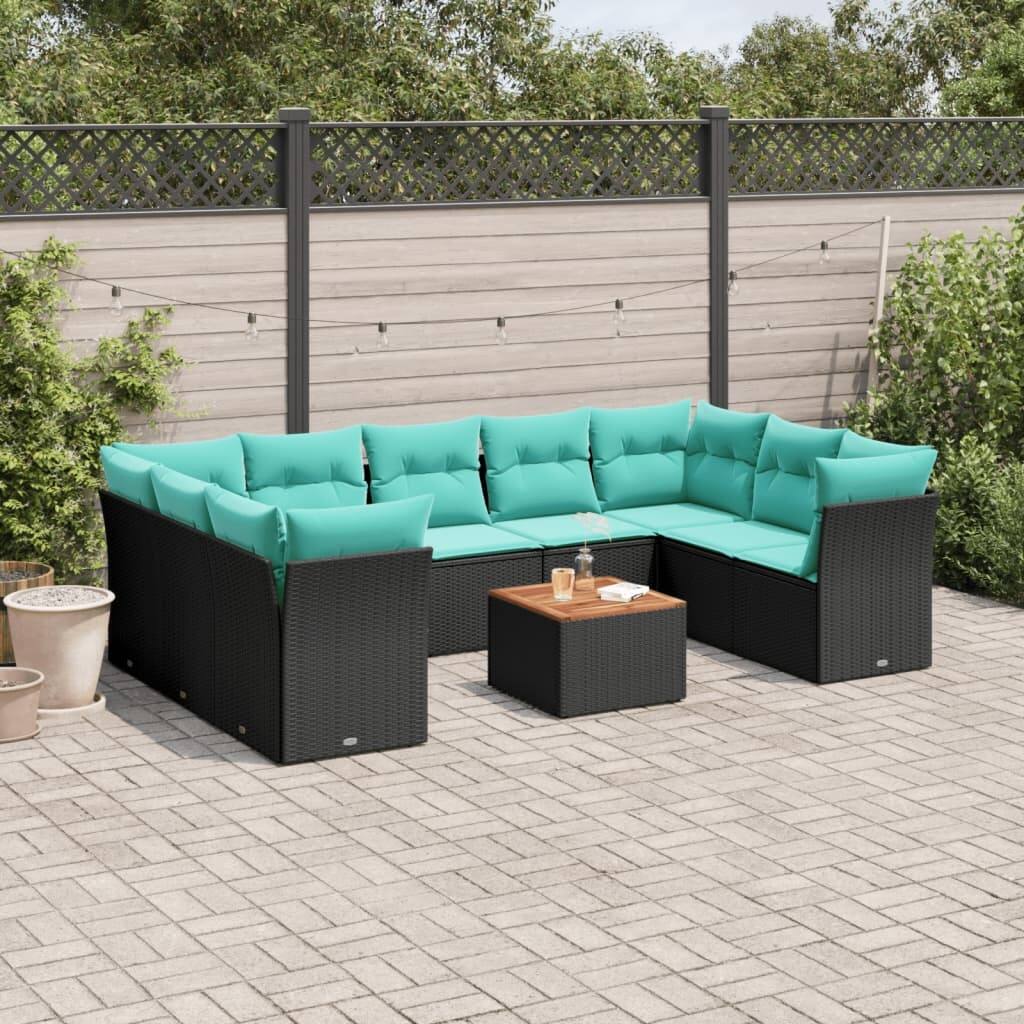 vidaXL 10 Piece Patio Sofa Set with Cushions Black Poly Rattan
