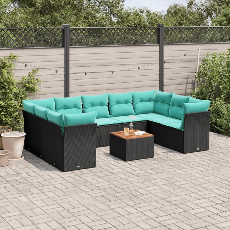 vidaXL Patio Sofa Set with Cushions Outdoor Furniture 10 Piece Poly Rattan - 24.4x 24.4x 27.2 - Black and Blue-form 3