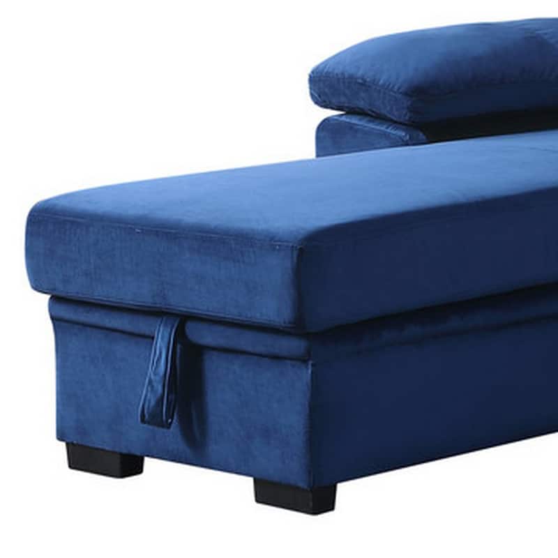 Exie 98 Inch 2 Piece Sectional Sofa, Pull Out Bed, Storage, Blue Velvet