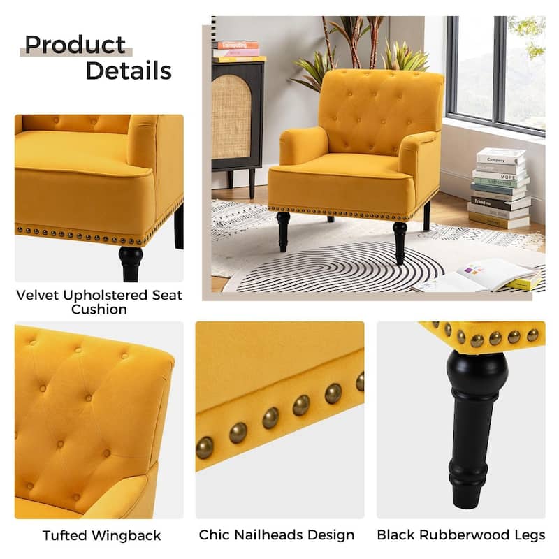 Geltrude Transitional Upholstered Button Tufted Club Chair with turned wooden Legs by HULALA HOME