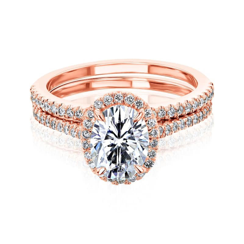 Kobelli Petite Collection 1.86 Carats Moissanite & Natural Diamond 14k Solid Gold Oval Halo Half Eternity Capri Bridal Set - 6 - Rose