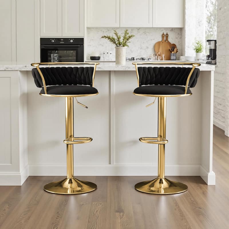 Velvet Upholstered Adjustable Bar Stool Swivel Counter Chair Set of 2 - Black/Gold - Set of 2