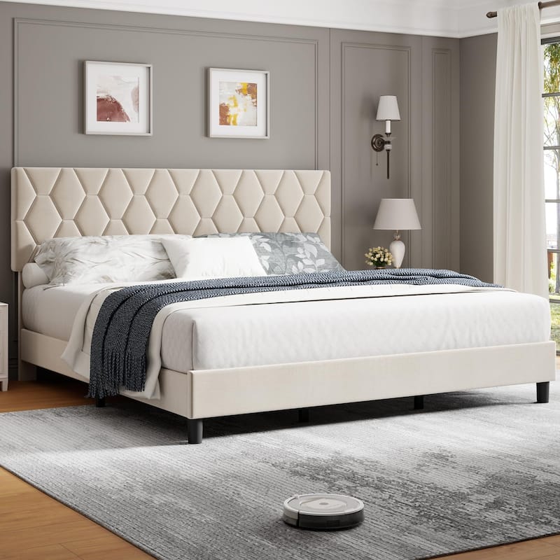 Heavy-Duty Full Platform Bed Frame with Strong Wood Slats - Beige - Full