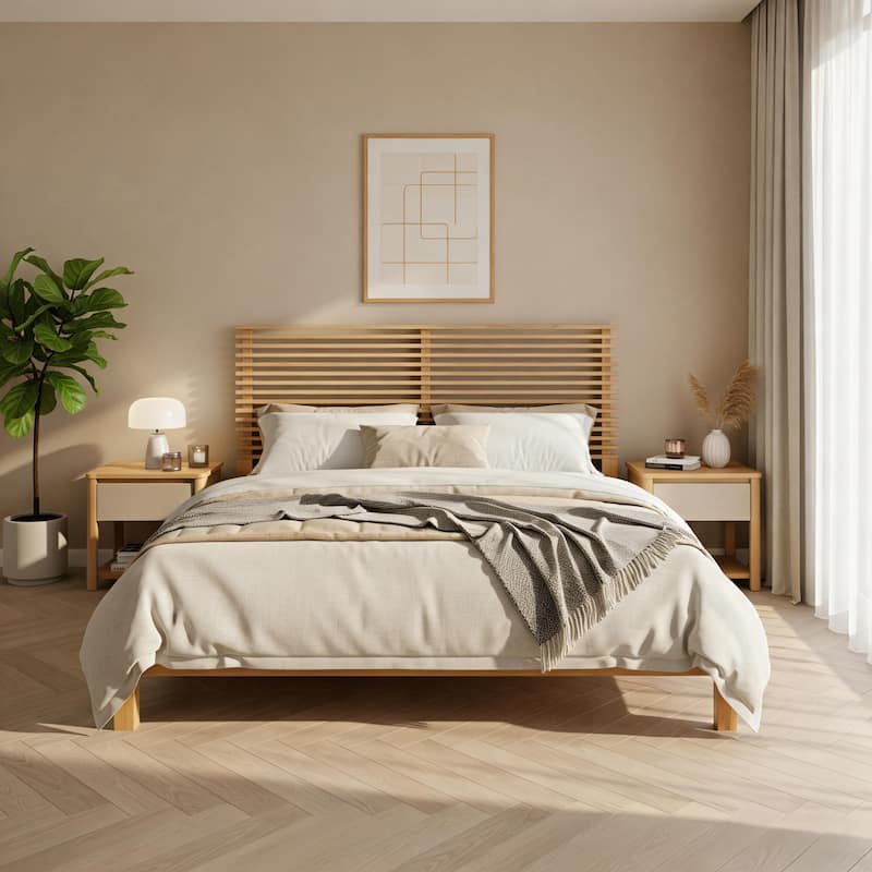 Christopher Knight Home - Stirling Contemporary Bedroom Set with Horizontal Slats Design Bed Frame & Shelf Storage Nightstands - Natural+Beige - 3 Piece - Queen