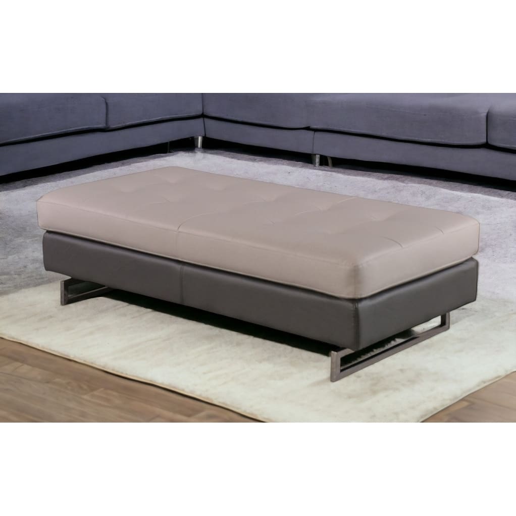 HomeRoots 63" Taupe Brown and Silver Faux Leather Tufted Ottoman