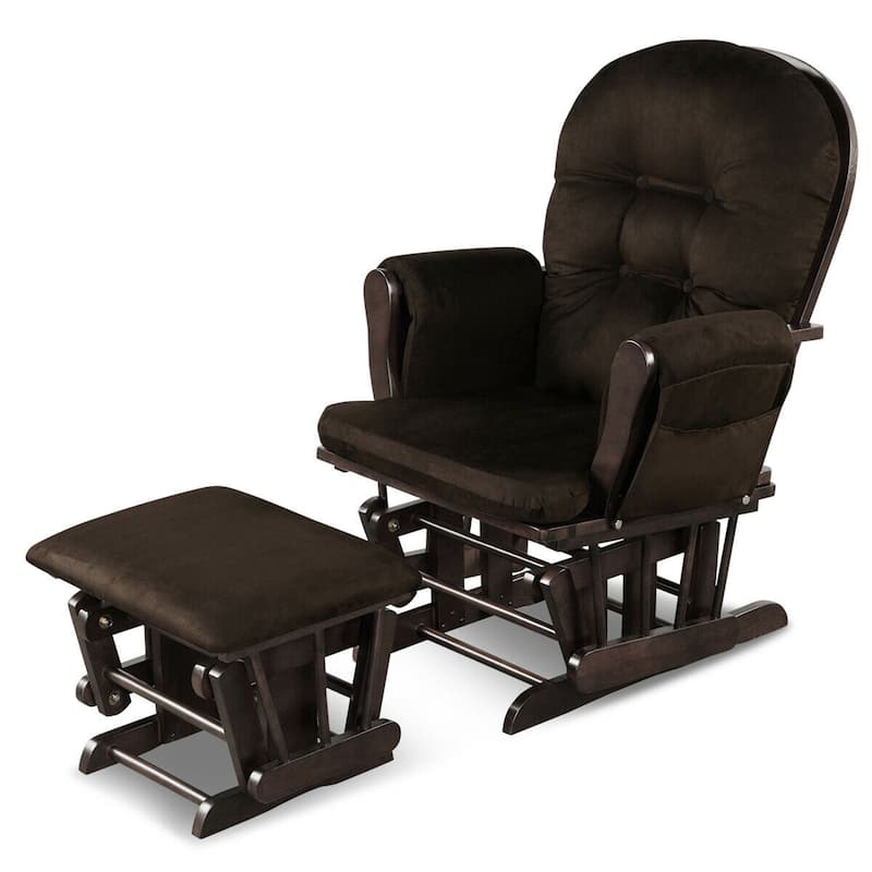 Gymax Glider and Ottoman Cushion Set Wood Baby Nursery Rocking Chair - Brown