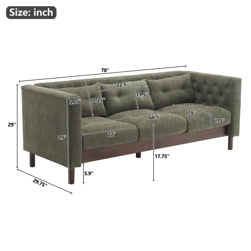 78" Modern 3-Seater Sofa with Tufted Design - Dark Upholstered Living Room Couch