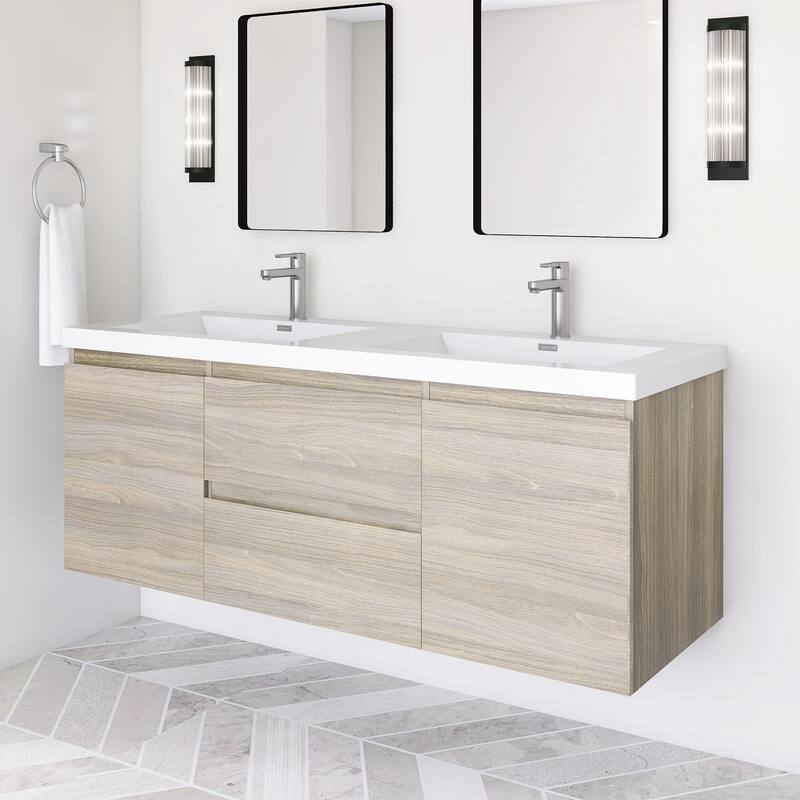 Modern Wall-Mounted Bathroom Vanity with White Solid Surface Top
