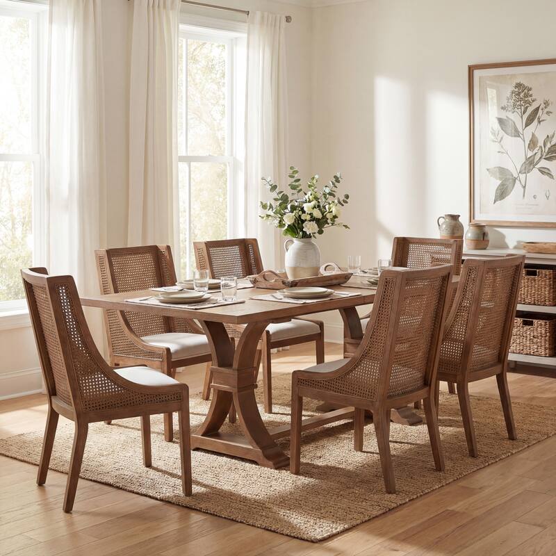Christopher Knight Home - Modern 7 Piece Wood Top Dining Set with Iron Base Upholstered Chairs - 6 chairs + 1 table - Beige+Walnut