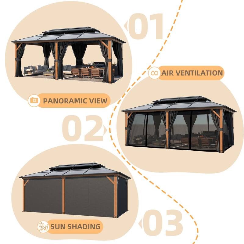 EROMMY Outdoor Wood Gazebo with Double Polycarbonate Roof, Heavy Duty Backyard Patio Pergola Canopy for Garden Shade