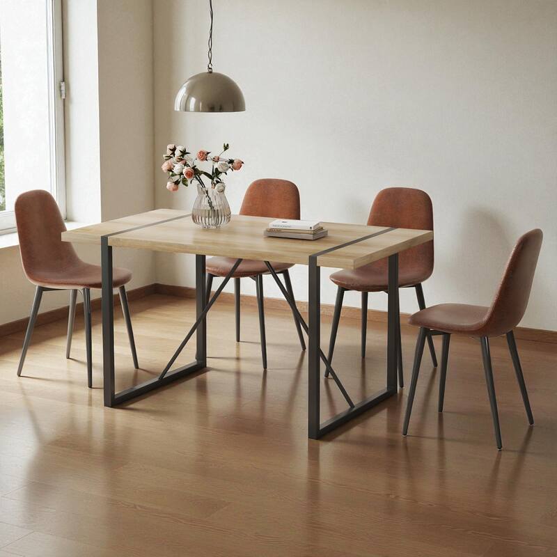 5-Piece Modern Medieval Dining Table Set with 4 Upholstered Chairs, Rustic Industrial Wood Dining Table for Dining Room