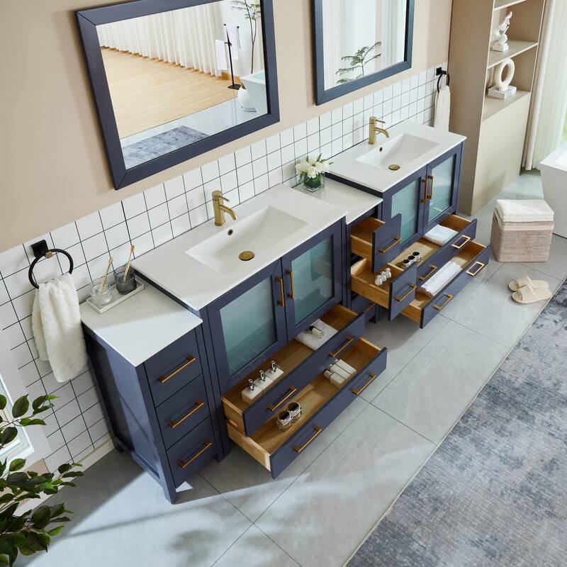 Vanity Art 96" Double Sink Bathroom Vanity Set 10 Dove-Tailed Drawers, 3 Cabinets, 2 Shelves Soft-Closing Doors with Free Mirror