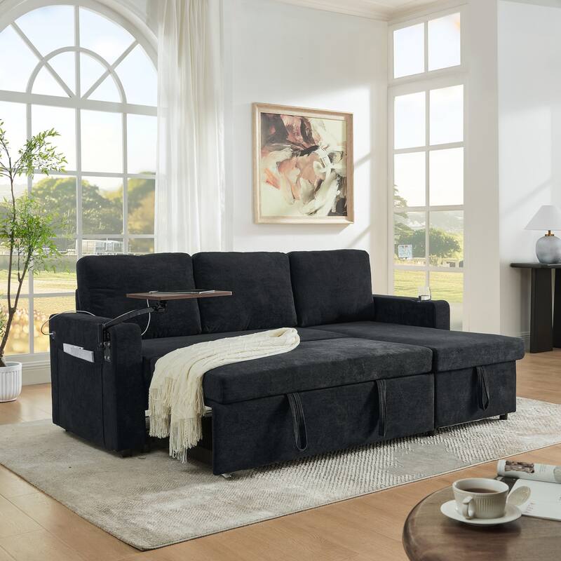 Modern Chenille Multi-functional Pull-Out Bed Sofa with Retractable Table and LED Lighting