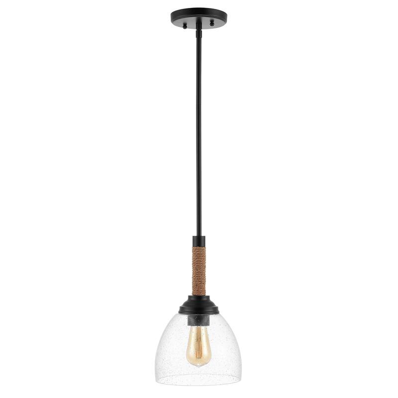 Hampton 7.63" Adjustable Rope-Wrap Modern Rustic Iron/Glass LED Pendant, Black by JONATHAN Y