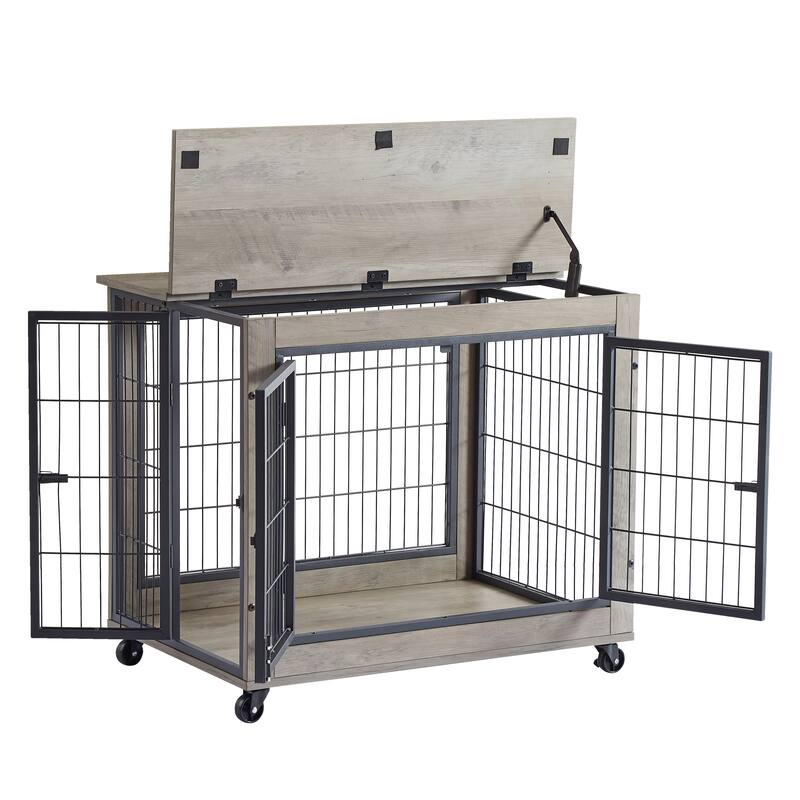 Modern Dog Crate Side Table on Wheels with Double Doors and Lift Top Dog House Dog Kennel