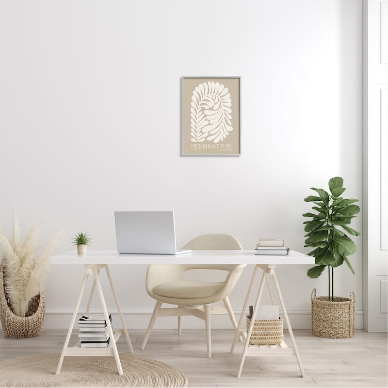 Stupell Neutral Tones Botanical Leaf Pattern Matisse Text Framed Wall Art - Tan