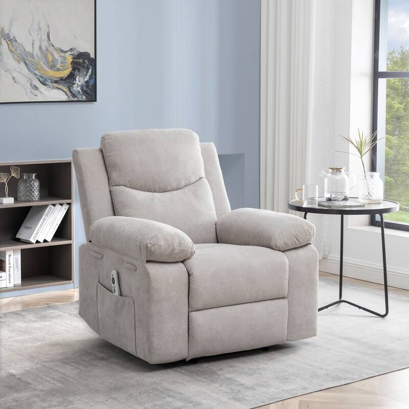 Living Room Single Reclining Sofa, Power Lift Velvet Recliner with Adjustable Massage and Heat & Side Pocket, Infinite Position - Beige