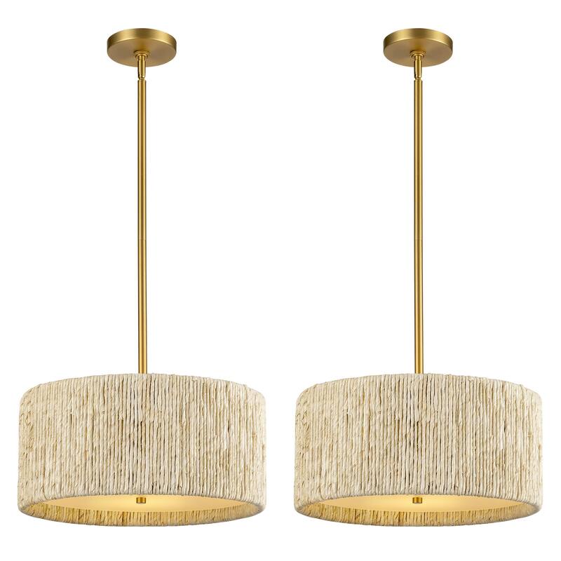 LamQee Rattan Kitchen Island Chandelier Corn Rope Woven Pendant - 2Pack/3-Light/16.6inch