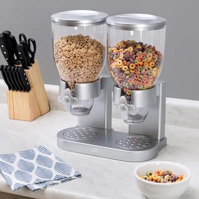 Silver Plastic Double Cereal Dispenser with Portion Control