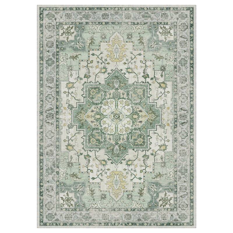 Mcow Green Floral Faded Low Pile Machine Washable Non-Slip Area Rug