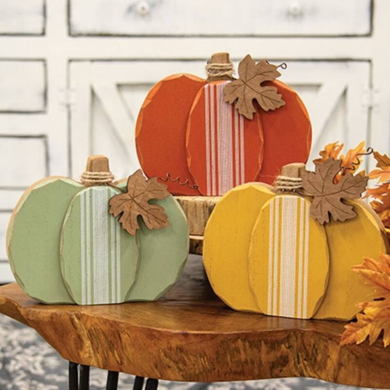 Distressed Chunky Wooden Feed Sack Stripe Pumpkins - 3 Asstd. - 7.25" x 1" x 6"