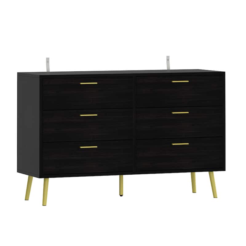 Modern 6-Drawer Dresser with Gold Legs and Handles, 47.2" Wide Mid-Century Bedroom Dresser Chest