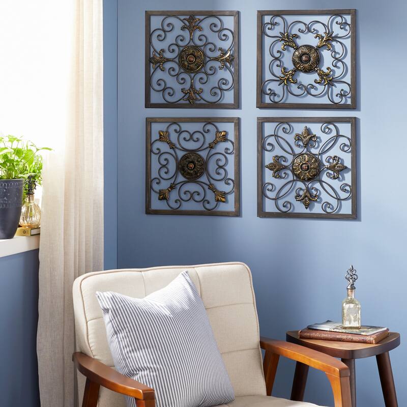 Brown Metal Wire Scroll Fleur De Lis Home Wall Decor with Gold Accents (Set of 4) - Brown