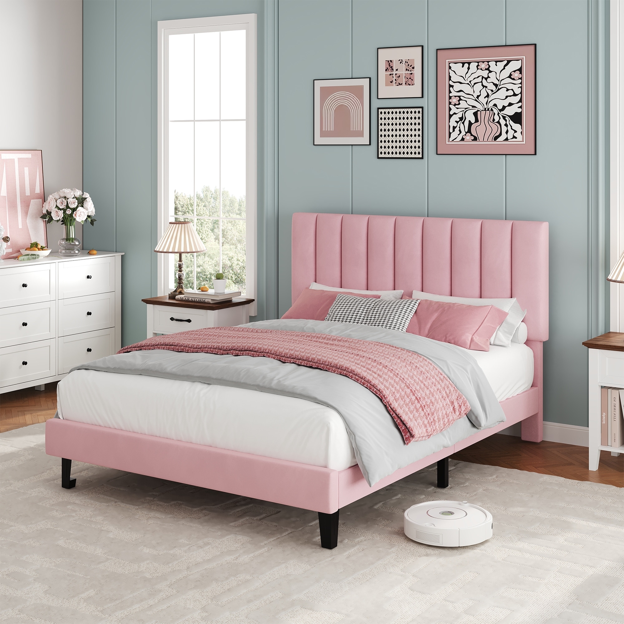 Bed Frame with Adjustable Velvet Upholstered Headboard, Vertical Channel Tufted Platform Bed Frame