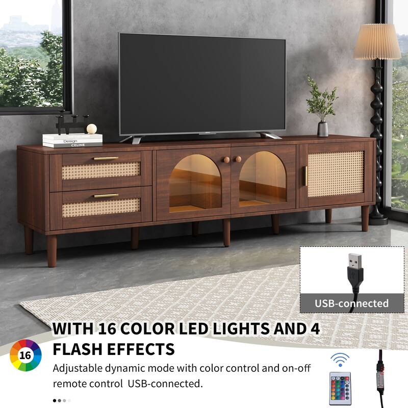 Modern Rattan TV Stand LED TV Stand, for TVs Up to 80'' with 3 Cabinets and 2 Drawers, for Living Rooms, Bedroom