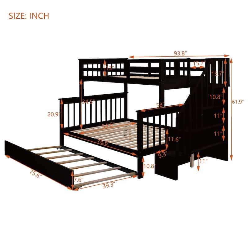 Twin-Over-Full Bunk Bed with Storage Stairway and Twin Trundle, Solid Pinewood Bunk Bed Frame, Divided Into 2 Individual Beds