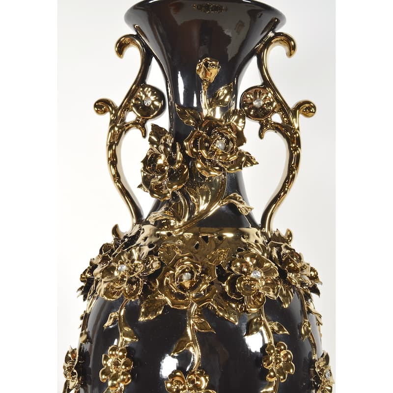 Black and Gold Floret Jeweled Stunning Vase 35 Inches Tall