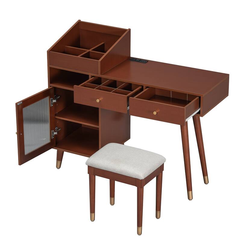 2-Piece Bedroom Set Includes Dressing Table & Upholstered Stool, Makeup Vanity Desk with Charging Station, Drawers & Cabinet