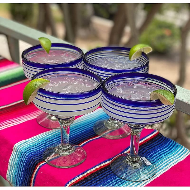 Dos SueÃ±os Mexican Hand Blown Glass - Set of 4 Hand Blown Margarita Glasses (16 oz) with Blue Spiral Design