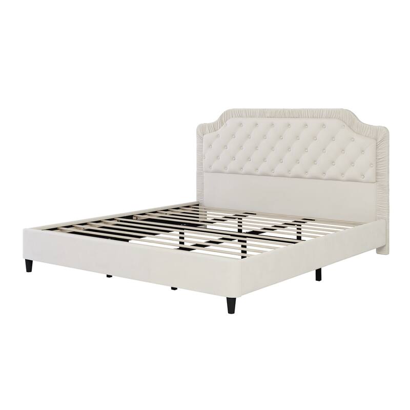 King Size Upholstered Bed with Ruched and Button Tufted Headboard