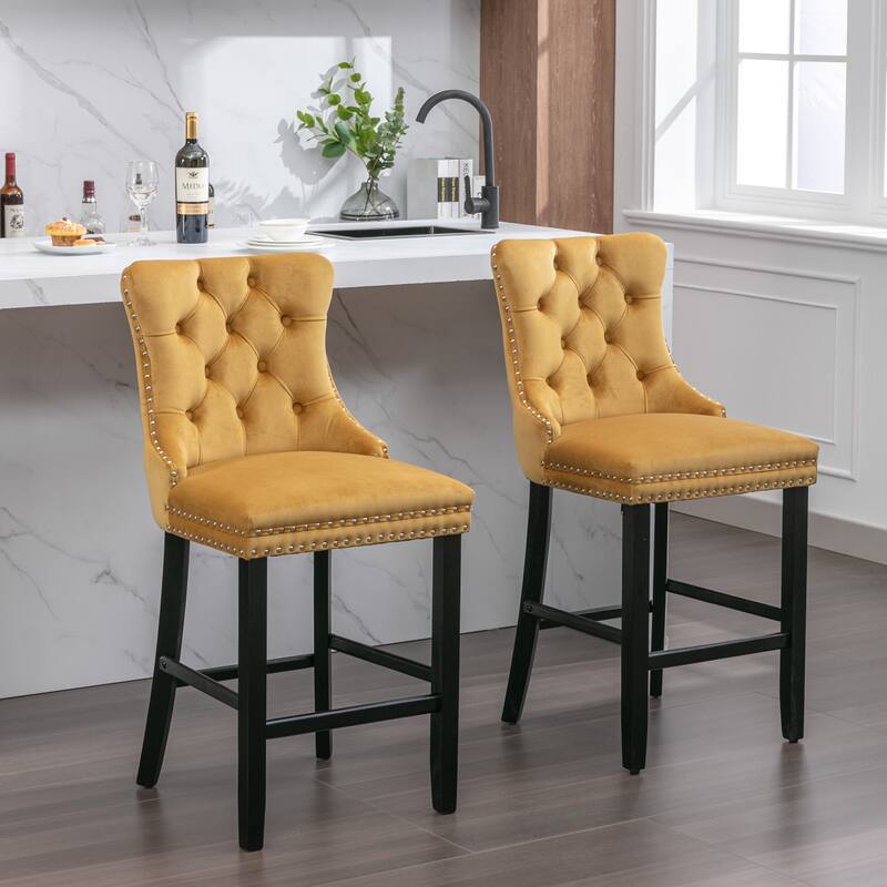 Contemporary Velvet Upholstered Barstools with Button Tufted Decoration and Wooden Legs