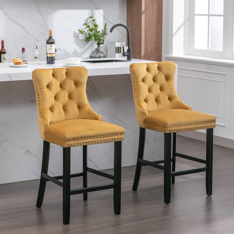 Velvet Bar Chairs Set of 2, Counter Height Bar Stools with Button Decor and Nailhead Trim, Dining Room Chairs with Back