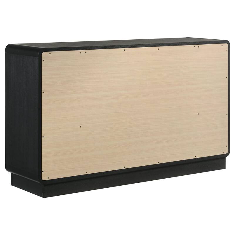 Cavy Wide Dresser, 6 Storage Drawers, Black Wood, Round Gold Knobs