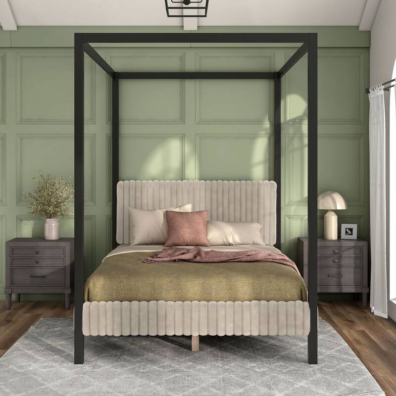 DH Basic Modern Metal Canopy Queen Platform Bed with Channel Tufted Upholstered Headboard by Denhour - Light Brown-Fur Corduroy - Queen