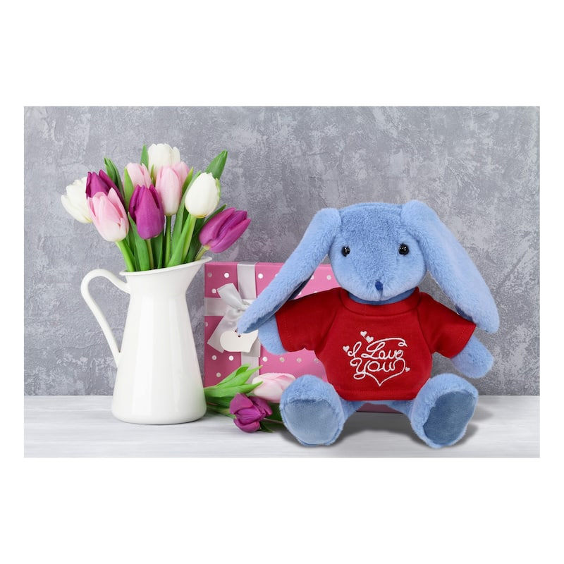 DolliBu I LOVE YOU Super Soft Baby Blue Rabbit Plush with Red Shirt - 8 inches